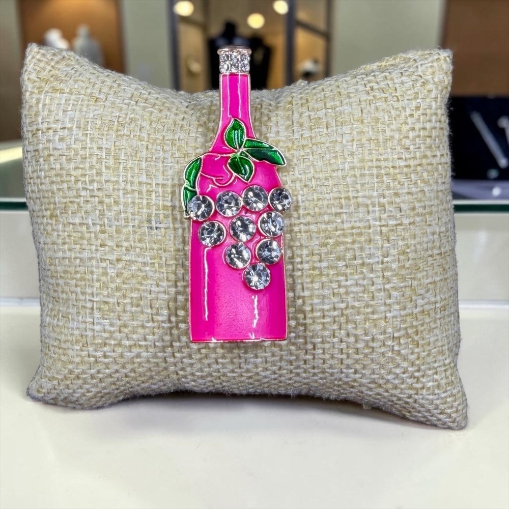 NWOT Pink Wine Bottle Brooch Rhinestone Grapes Enamel Statement Pin 2.25" Gift
